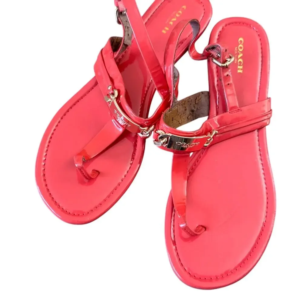 Coach Coral Patent Leather Thong Sandals Womens 10 Catherine Gold Hardware